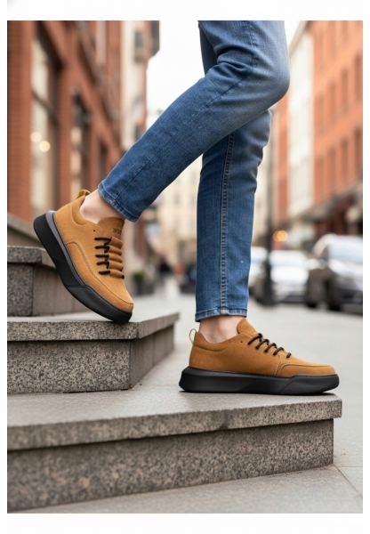 MirgeShoes Taba Bağcıklı Erkek Spor Ayakkabı Süet Deri Merdiven Desen Yüksek SYH Taban MRG010602650