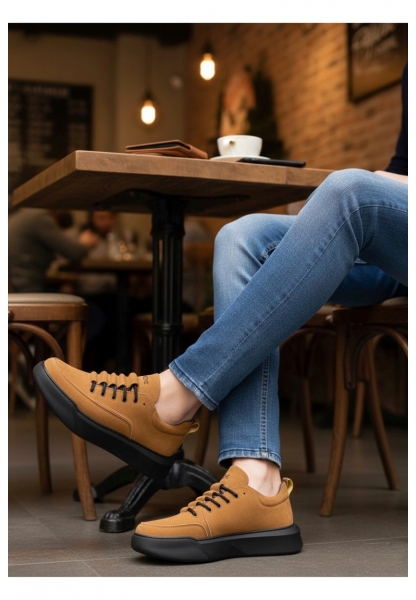 MirgeShoes Taba Bağcıklı Erkek Spor Ayakkabı Süet Deri Merdiven Desen Yüksek SYH Taban MRG010602650