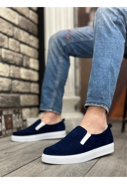 MirgeShoes Lacivert Bağcıksız Erkek Günlük Ayakkabı Kadife Kalın BYZ Taban MRG010602657