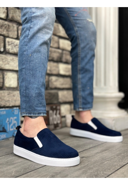 MirgeShoes Lacivert Bağcıksız Erkek Günlük Ayakkabı Kadife Kalın BYZ Taban MRG010602657