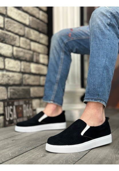 MirgeShoes Siyah Bağcıksız Erkek Günlük Ayakkabı Kadife Kalın BYZ Taban MRG010602657