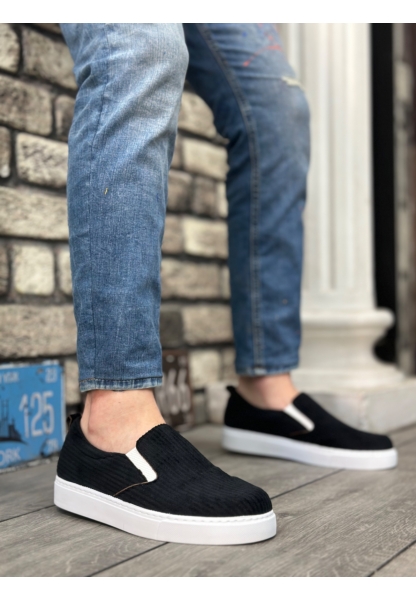 MirgeShoes Siyah Bağcıksız Erkek Günlük Ayakkabı Kadife Kalın BYZ Taban MRG010602657