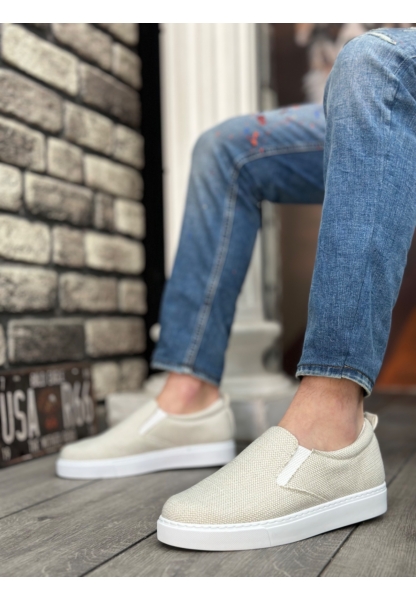 MirgeShoes Krem Bağcıksız Erkek Günlük Ayakkabı Keten Kalın BYZ Taban MRG010602657