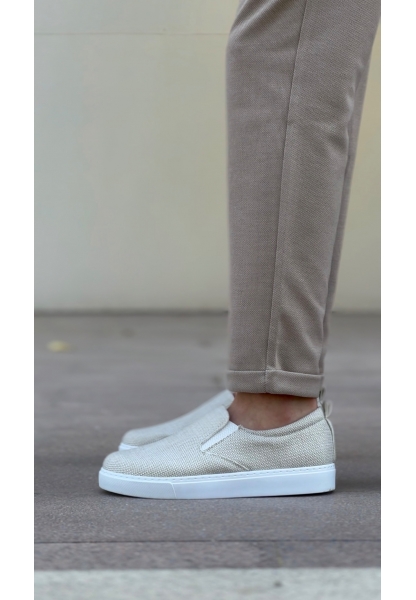 MirgeShoes Krem Bağcıksız Erkek Günlük Ayakkabı Keten Kalın BYZ Taban MRG010602657