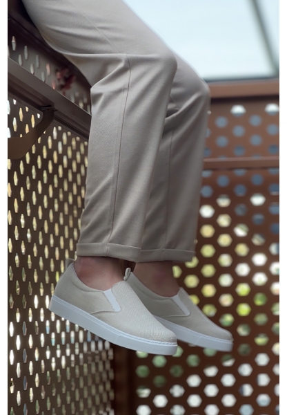 MirgeShoes Krem Bağcıksız Erkek Günlük Ayakkabı Keten Kalın BYZ Taban MRG010602657