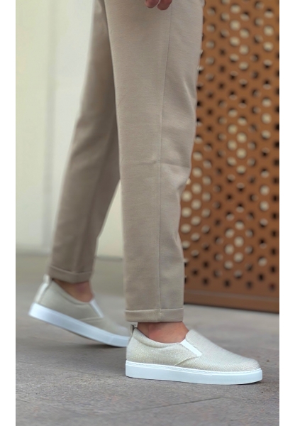 MirgeShoes Krem Bağcıksız Erkek Günlük Ayakkabı Keten Kalın BYZ Taban MRG010602657