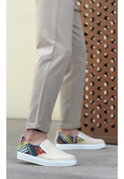 MirgeShoes Krem Bağcıksız Erkek Günlük Ayakkabı Keten Arka Desenli Kalın BYZ Taban MRG010602657