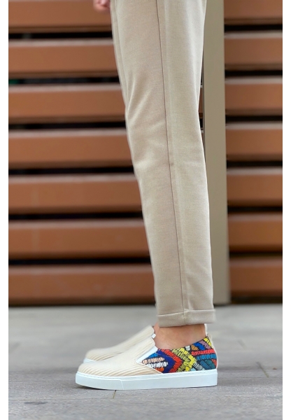 MirgeShoes Krem Bağcıksız Erkek Günlük Ayakkabı Keten Arka Desenli Kalın BYZ Taban MRG010602657