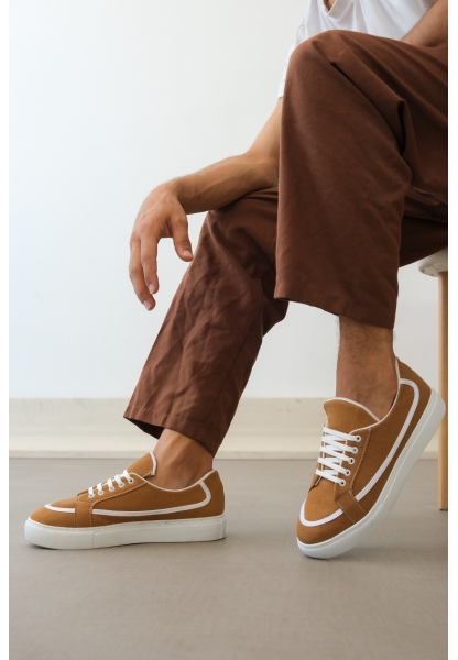 MirgeShoes Taba Bağcıklı Erkek Spor Ayakkabı Deri Tozu Kalın BYZ Taban MRG010602669