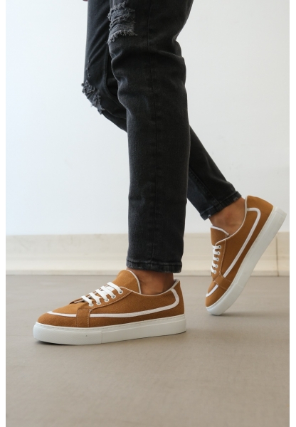 MirgeShoes Taba Bağcıklı Erkek Spor Ayakkabı Deri Tozu Kalın BYZ Taban MRG010602669