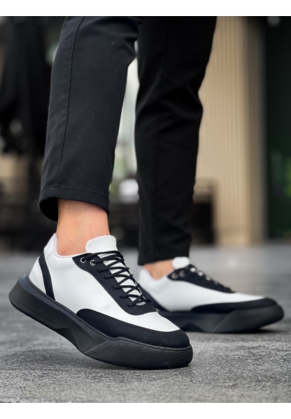 MirgeShoes Siyah Bağcıklı Erkek Günlük Spor Ayakkabı Beyaz Parçalı Yüksek SYH Taban MRG010602672