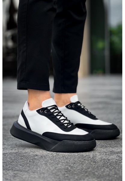 MirgeShoes Siyah Bağcıklı Erkek Günlük Spor Ayakkabı Beyaz Parçalı Yüksek SYH Taban MRG010602672
