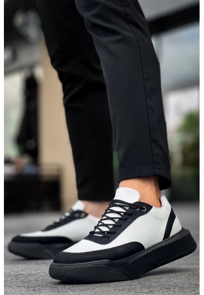 MirgeShoes Siyah Bağcıklı Erkek Günlük Spor Ayakkabı Beyaz Parçalı Yüksek SYH Taban MRG010602672