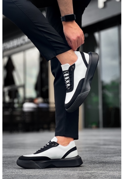 MirgeShoes Siyah Bağcıklı Erkek Günlük Spor Ayakkabı Beyaz Parçalı Yüksek SYH Taban MRG010602672