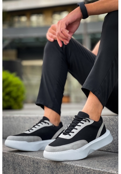 MirgeShoes Siyah Bağcıklı Erkek Günlük Spor Ayakkabı Gri Parçalı Yüksek BYZ Taban MRG010602672