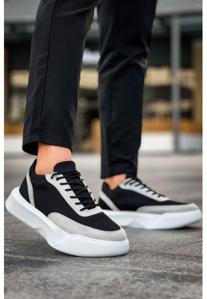 MirgeShoes Siyah Bağcıklı Erkek Günlük Spor Ayakkabı Gri Parçalı Yüksek BYZ Taban MRG010602672