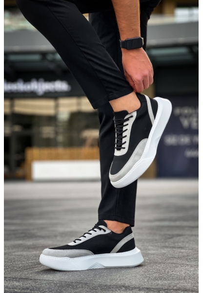 MirgeShoes Siyah Bağcıklı Erkek Günlük Spor Ayakkabı Gri Parçalı Yüksek BYZ Taban MRG010602672