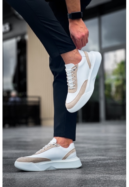 MirgeShoes Beyaz Bağcıklı Erkek Günlük Spor Ayakkabı Krem Parçalı Yüksek BYZ Taban MRG010602672