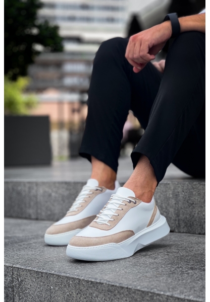 MirgeShoes Beyaz Bağcıklı Erkek Günlük Spor Ayakkabı Krem Parçalı Yüksek BYZ Taban MRG010602672