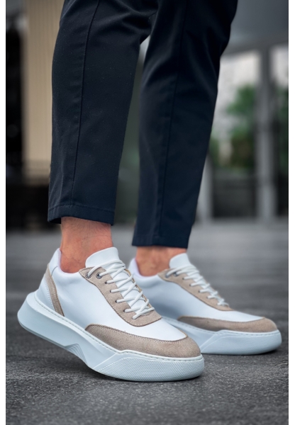 MirgeShoes Beyaz Bağcıklı Erkek Günlük Spor Ayakkabı Krem Parçalı Yüksek BYZ Taban MRG010602672