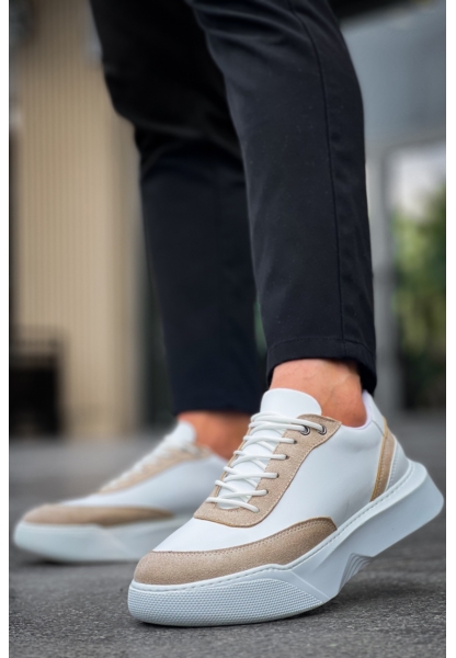 MirgeShoes Beyaz Bağcıklı Erkek Günlük Spor Ayakkabı Krem Parçalı Yüksek BYZ Taban MRG010602672