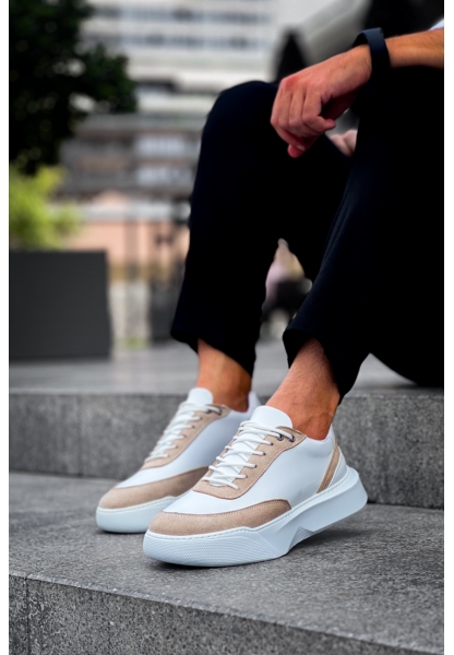 MirgeShoes Beyaz Bağcıklı Erkek Günlük Spor Ayakkabı Krem Parçalı Yüksek BYZ Taban MRG010602672
