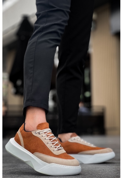 MirgeShoes Taba Bağcıklı Erkek Günlük Spor Ayakkabı Krem Parçalı Yüksek BYZ Taban MRG010602672