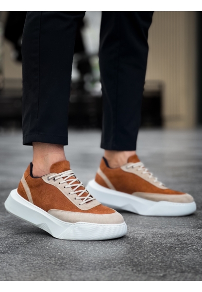 MirgeShoes Taba Bağcıklı Erkek Günlük Spor Ayakkabı Krem Parçalı Yüksek BYZ Taban MRG010602672