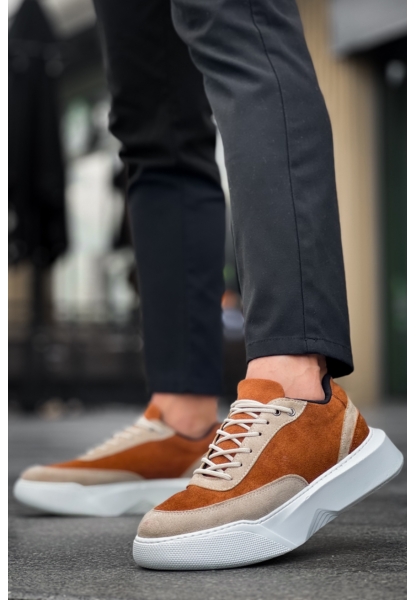 MirgeShoes Taba Bağcıklı Erkek Günlük Spor Ayakkabı Krem Parçalı Yüksek BYZ Taban MRG010602672