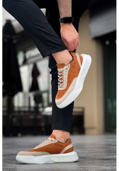 MirgeShoes Taba Bağcıklı Erkek Günlük Spor Ayakkabı Krem Parçalı Yüksek BYZ Taban MRG010602672