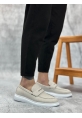 MirgeShoes Krem Bağcıksız Erkek Klasik Loafer Ayakkabı Keten Tekstil BYZ Taban MRG010602673