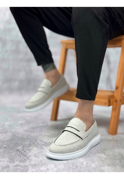 MirgeShoes Krem Bağcıksız Erkek Klasik Loafer Ayakkabı Keten Tekstil BYZ Taban MRG010602673
