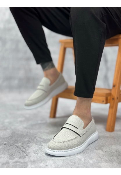 MirgeShoes Gri Bağcıksız Erkek Klasik Loafer Ayakkabı Keten Tekstil BYZ Taban MRG010602673