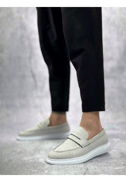 MirgeShoes Gri Bağcıksız Erkek Klasik Loafer Ayakkabı Keten Tekstil BYZ Taban MRG010602673