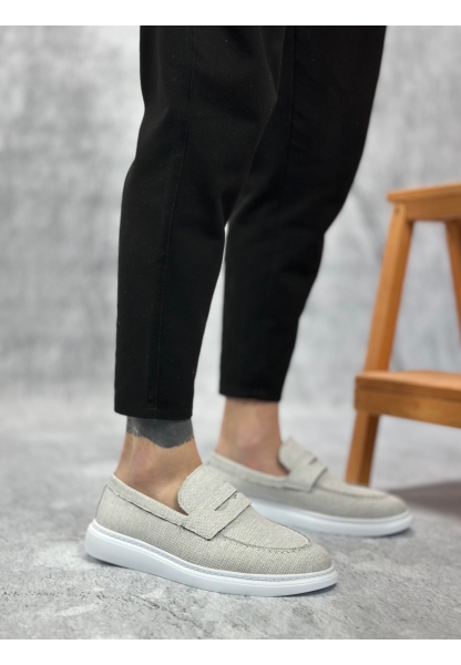 MirgeShoes Gri Bağcıksız Erkek Klasik Loafer Ayakkabı Keten Tekstil BYZ Taban MRG010602673