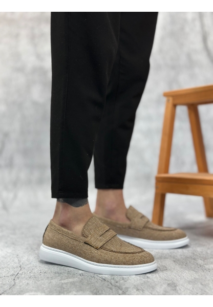 MirgeShoes Hardal Bağcıksız Erkek Klasik Loafer Ayakkabı Keten Tekstil BYZ Taban MRG010602673