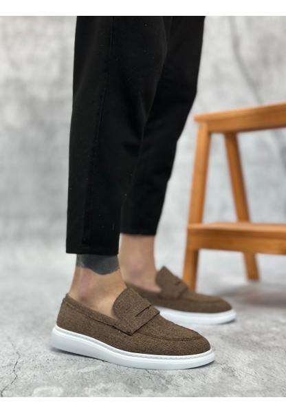 MirgeShoes Kahve Bağcıksız Erkek Klasik Loafer Ayakkabı Keten Tekstil BYZ Taban MRG010602673