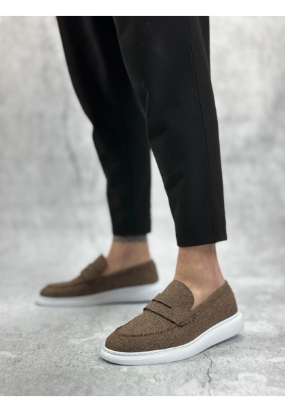 MirgeShoes Kahve Bağcıksız Erkek Klasik Loafer Ayakkabı Keten Tekstil BYZ Taban MRG010602673