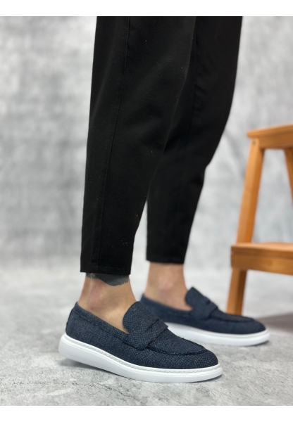 MirgeShoes Lacivert Bağcıksız Erkek Klasik Loafer Ayakkabı Keten Tekstil BYZ Taban MRG010602673