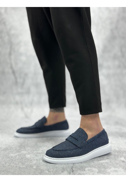 MirgeShoes Lacivert Bağcıksız Erkek Klasik Loafer Ayakkabı Keten Tekstil BYZ Taban MRG010602673