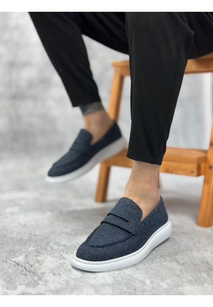 MirgeShoes Lacivert Bağcıksız Erkek Klasik Loafer Ayakkabı Keten Tekstil BYZ Taban MRG010602673
