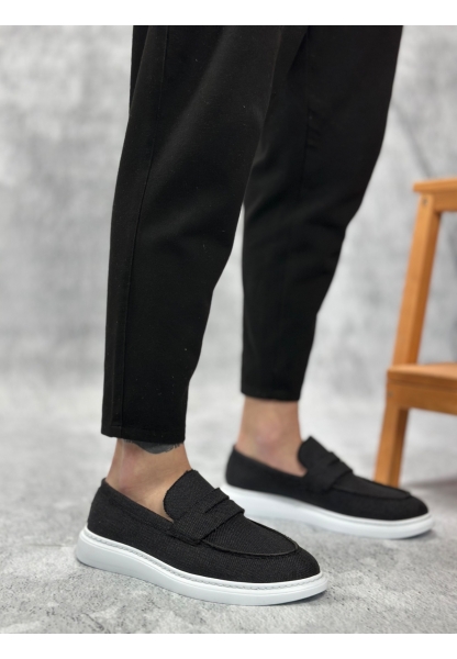 MirgeShoes Siyah Bağcıksız Erkek Klasik Loafer Ayakkabı Keten Tekstil BYZ Taban MRG010602673