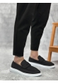 MirgeShoes Siyah Bağcıksız Erkek Klasik Loafer Ayakkabı Keten Tekstil BYZ Taban MRG010602673