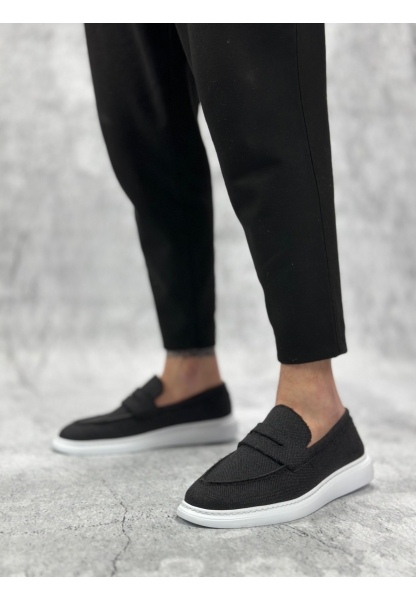 MirgeShoes Siyah Bağcıksız Erkek Klasik Loafer Ayakkabı Keten Tekstil BYZ Taban MRG010602673