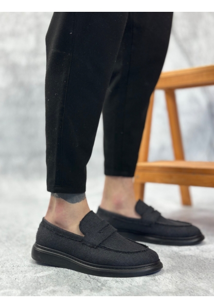 MirgeShoes Siyah Bağcıksız Erkek Klasik Loafer Ayakkabı Keten Tekstil SYH Taban MRG010602673