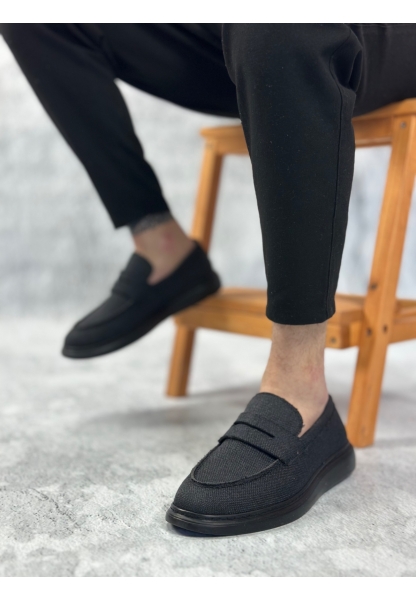 MirgeShoes Siyah Bağcıksız Erkek Klasik Loafer Ayakkabı Keten Tekstil SYH Taban MRG010602673