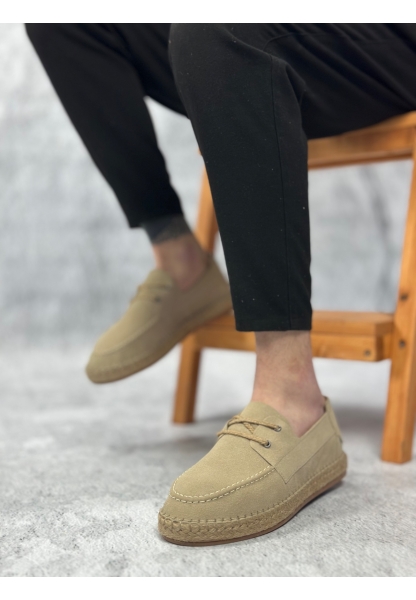 MirgeShoes Bej Bağcıklı Erkek Casual Ayakkabı Kauçuk El Yapımı Espadril Taban KHV MRG010602676
