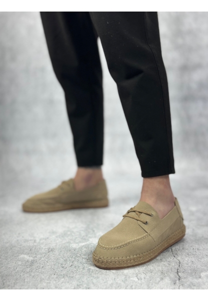 MirgeShoes Bej Bağcıklı Erkek Casual Ayakkabı Kauçuk El Yapımı Espadril Taban KHV MRG010602676