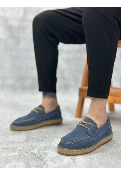 MirgeShoes Mavi Bağcıklı Erkek Casual Ayakkabı Kauçuk El Yapımı Espadril Taban KHV MRG010602676