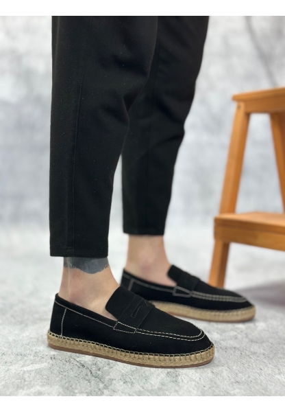 MirgeShoes Siyah Bağcıksız Erkek Casual Ayakkabı Kauçuk El Yapımı Espadril Taban KHV MRG010602677